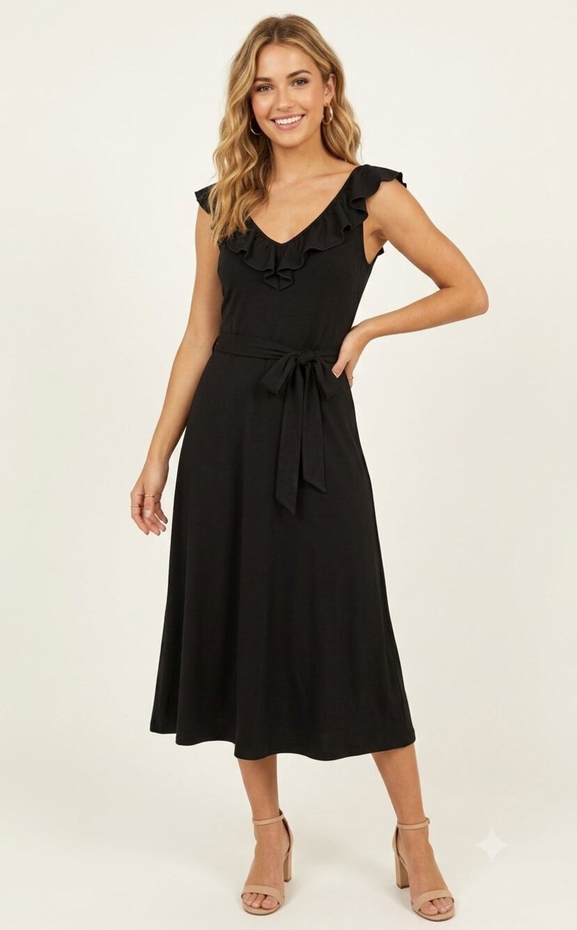 King Louie Maxi Dress M Black Midi Ruffled Dark Romantic Gothic Casual Minimal